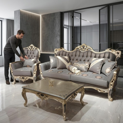 Elegante bankstel met fauteuil bankstel grijs relax 2 delen woonkamer meubels
