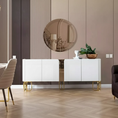 Woonkamer dressoir spiegel set luxe modern hout wit 2-delig. 