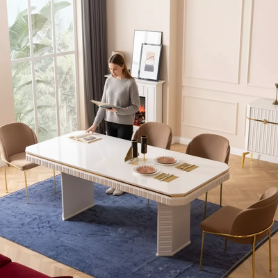 Eetkamer eettafel 6x stoel beige meubelset 7-delige luxe houten meubels