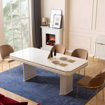 Eetkamer eettafel 6x stoel beige meubelset 7-delige luxe houten meubels