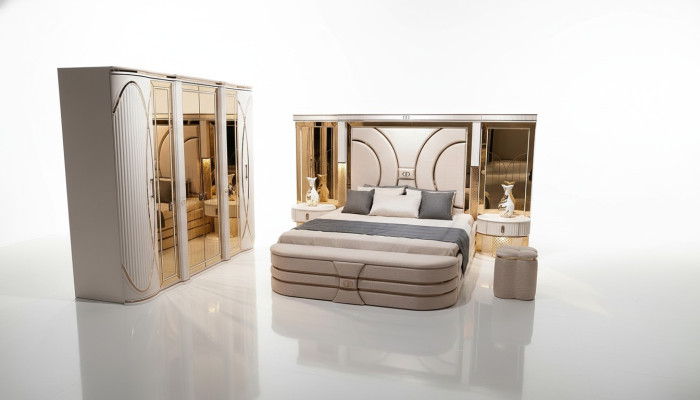 Slaapkamer set Bed 2x Nachtkastjes Kruk Luxe nieuw 5-delig Design Hout