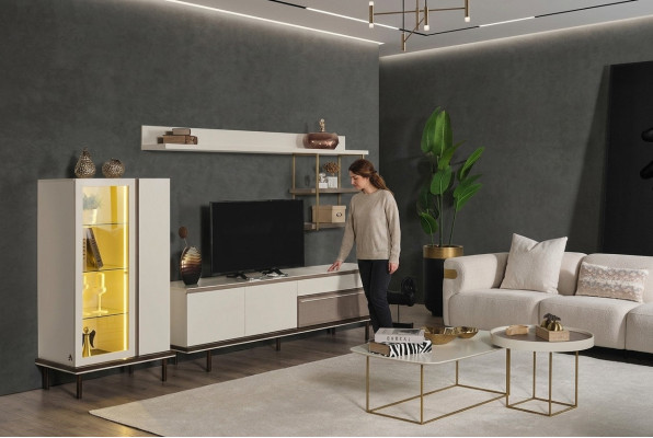Witte woonkamerset Designer TV-standaard Luxe LED-vitrine Houten rek