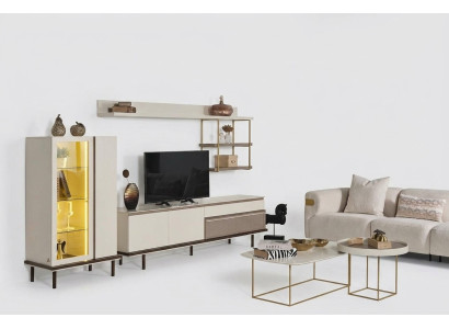 Witte woonkamerset Designer TV-standaard Luxe LED-vitrine Houten rek