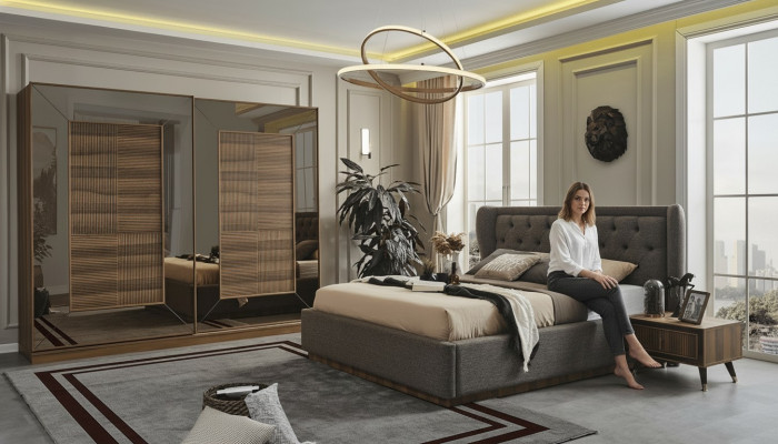 Slaapkamer set - gestoffeerd bed, 2 nachtkastjes, kledingkast 4-delige set