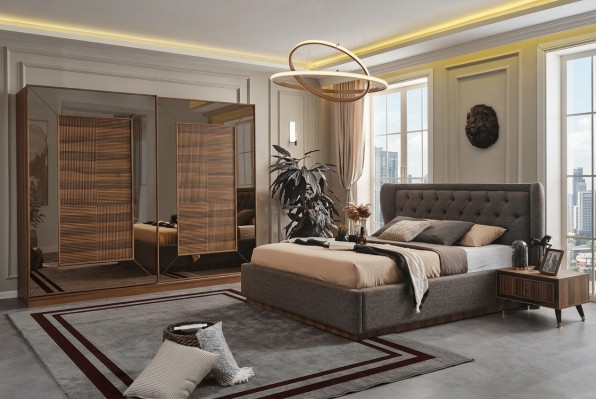 Slaapkamer set - gestoffeerd bed, 2 nachtkastjes, kledingkast 4-delige set