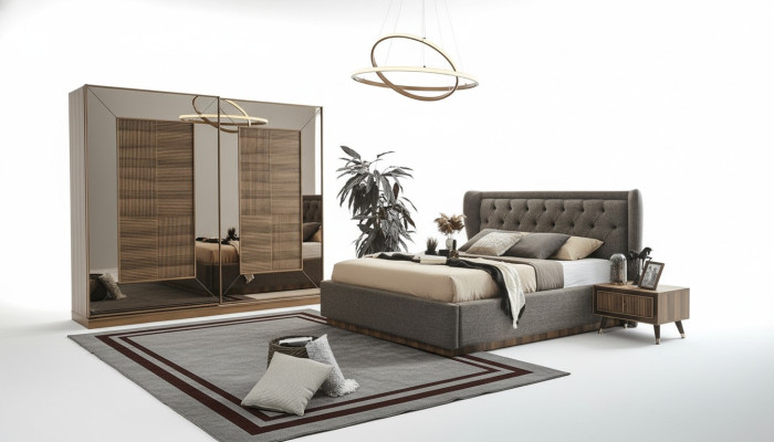 Slaapkamer set - gestoffeerd bed, 2 nachtkastjes, kledingkast 4-delige set