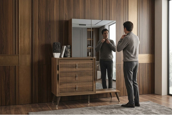 Bruine slaapkamer meubels commode met spiegel luxe houten set met 3 deuren.