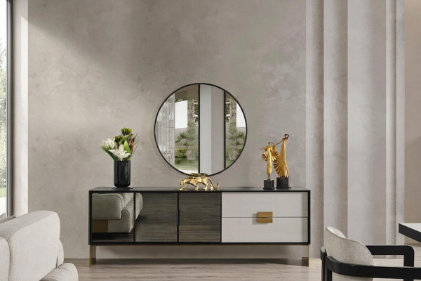 Zwarte woonkamerset Ontwerper dressoir Luxe spiegel 2-delige set Nieuw