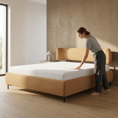 Bruine slaapkamer bed gestoffeerde bedden design houten frame stoffen bed.