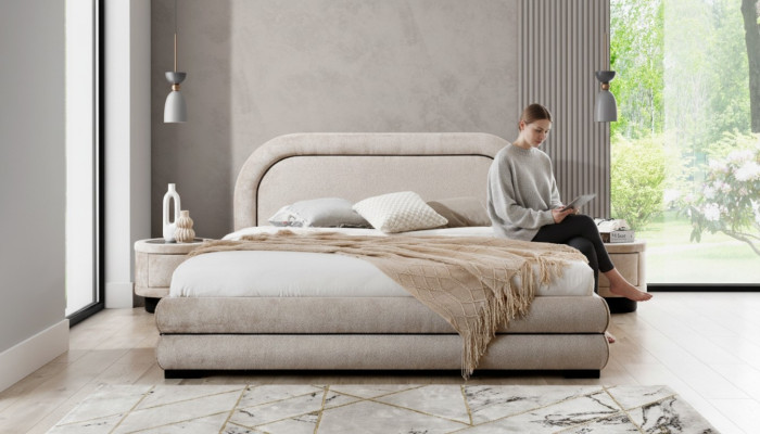 Slaapkamer set Designer Beige Tweepersoonsbed 2x Stoffen nachtkastjes