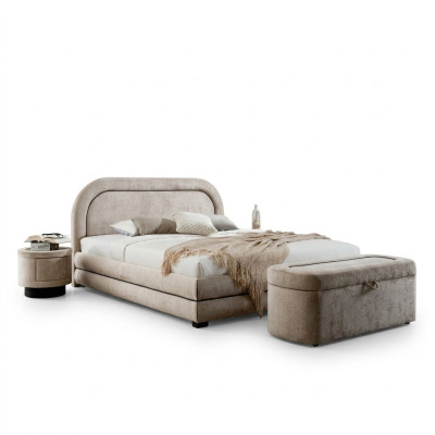 Exclusieve Beige Slaapkamerset met Tweepersoonsbed Gestoffeerde Nachtkastjes