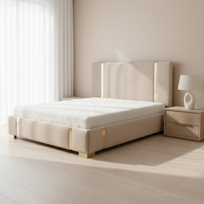 Beige roestvrijstalen bed Slaapkamer Bedden Modern gestoffeerd bed Meubels Nieuw