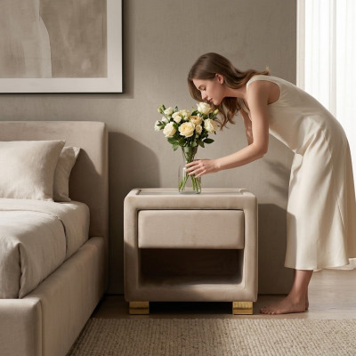 Beige Vierkante Nachtkastje Ontwerper Houten Frame Moderne Meubels Nieuw