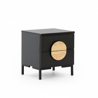 Zwarte nachtkastje met 2 laden ontworpen door designer, houten meubel.