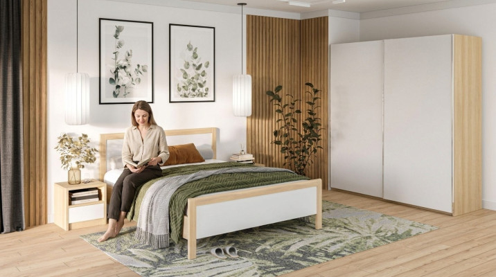 Witte slaapkamer meubels Luxe bed Nachtkastjes Grote kledingkast