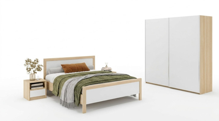 Witte slaapkamer meubels Luxe bed Nachtkastjes Grote kledingkast