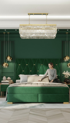 Stijlvolle groene slaapkamer met tweepersoons bed frame van hout en nachtkastjes