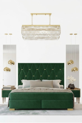 Stijlvolle groene slaapkamer met tweepersoons bed frame van hout en nachtkastjes