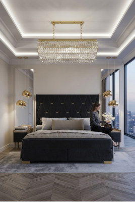 Zwarte slaapkamer set met tweepersoonsbed, 2x luxe nachtkastjes 3-delige set.
