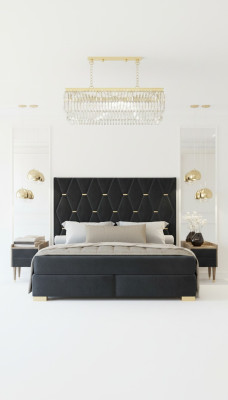 Zwarte slaapkamer set met tweepersoonsbed, 2x luxe nachtkastjes 3-delige set.