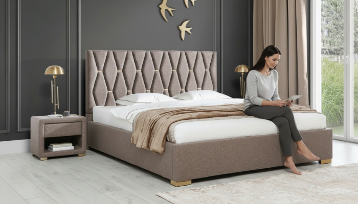 Bruin textiel bed designer gestoffeerde nachtkastjes slaapkamer meubels 3-delig