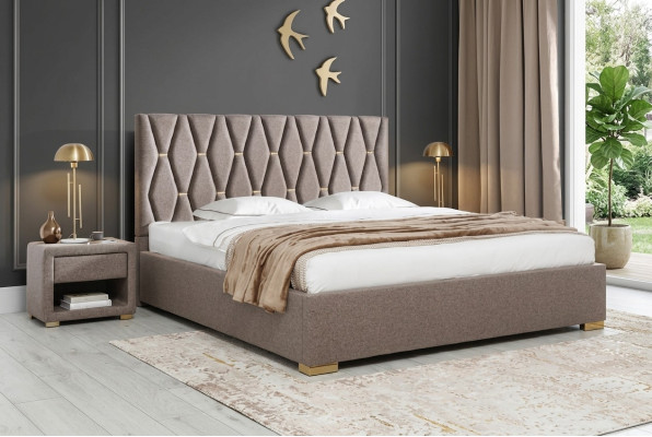 Bruin textiel bed designer gestoffeerde nachtkastjes slaapkamer meubels 3-delig