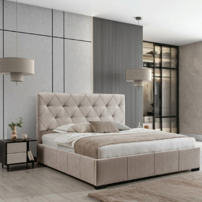 Beigekleurig Chesterfield tweepersoonsbed met stoffen nachtkastjes slaapkamer set.