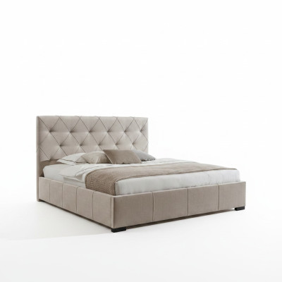 Beigekleurig Chesterfield tweepersoonsbed met stoffen nachtkastjes slaapkamer set.