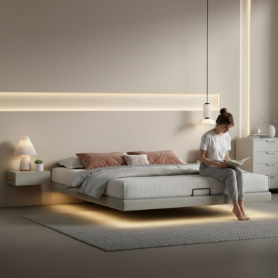 Grijze slaapkamer muur bed ontwerper bedden luxe houten tweepersoonsbedden