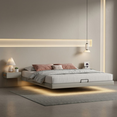 Grijze slaapkamer muur bed ontwerper bedden luxe houten tweepersoonsbedden