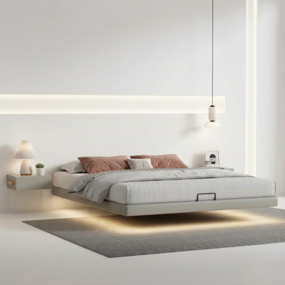 Grijze slaapkamer muur bed ontwerper bedden luxe houten tweepersoonsbedden