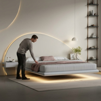 Grijze muurbed Moderne slaapkamermeubels Houten frame LED-bedden Nieuw