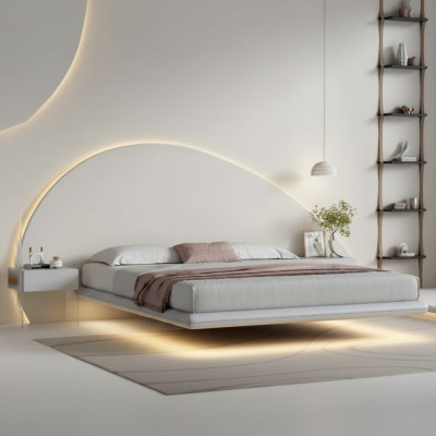 Grijze muurbed Moderne slaapkamermeubels Houten frame LED-bedden Nieuw