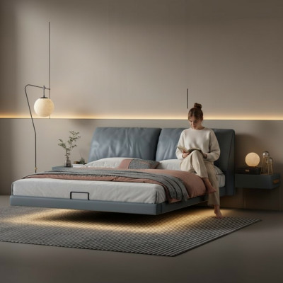 Grijze slaapkamer Designer bedden Houten frame Moderne luxe meubels.