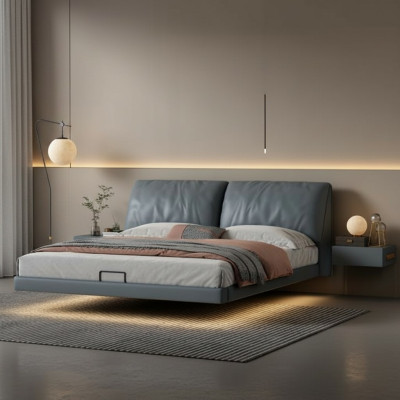 Grijze slaapkamer Designer bedden Houten frame Moderne luxe meubels.