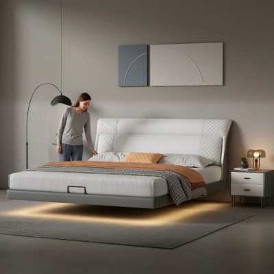 Witte slaapkamer bed Ontwerper leren bedden Stoffen bedden Tweepersoonsbedden