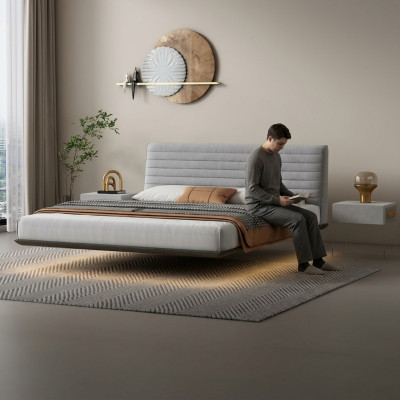 Grijze muurbed ontwerper slaapkamer LED-bedden Moderne tweepersoonsbedden
