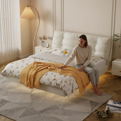 Slaapkamer houten frame meubels Wit tweepersoonsbed Leren bedden Stoffen bedden