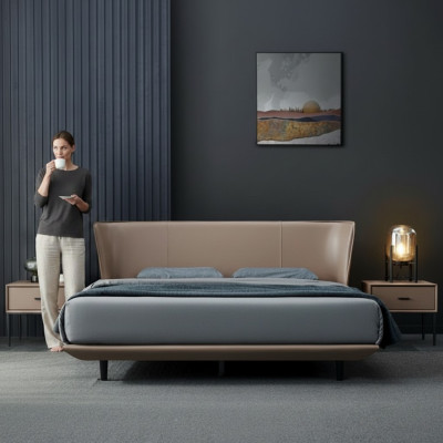 Beige kunstleren slaapkamer tweepersoonsbed met houten frameontwerp.