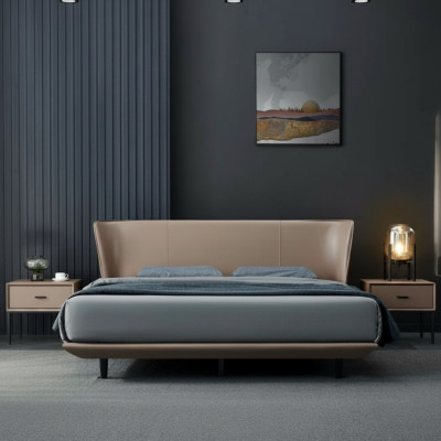 Beige kunstleren slaapkamer tweepersoonsbed met houten frameontwerp.