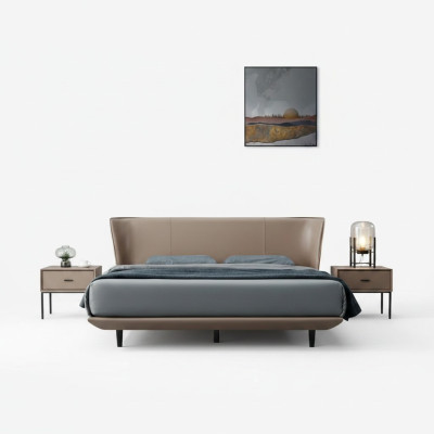 Beige kunstleren slaapkamer tweepersoonsbed met houten frameontwerp.