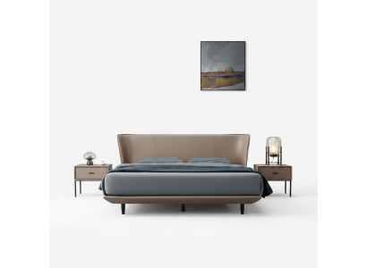 Beige kunstleren slaapkamer tweepersoonsbed met houten frameontwerp.