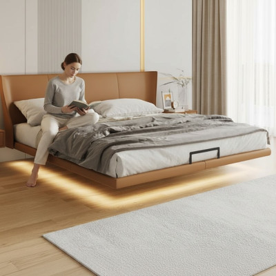 Bruin muurbed ontwerper slaapkamer meubels houten frame kunstleren bed