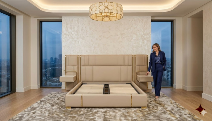 Beige slaapkamer tweepersoonsbed met groot hoofdeinde designer houten bedden