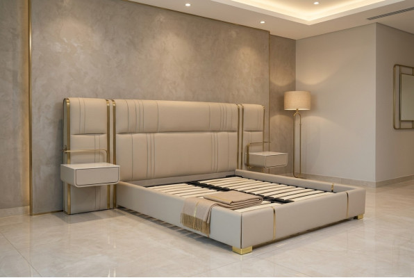 Beige slaapkamer tweepersoonsbed met groot hoofdeinde designer houten bedden
