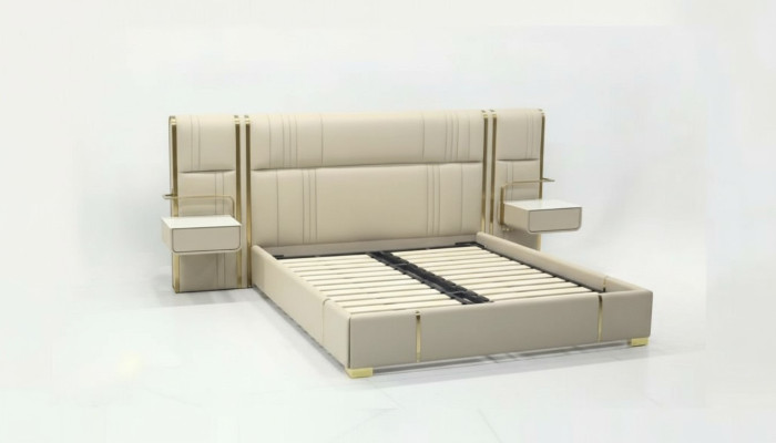 Beige slaapkamer tweepersoonsbed met groot hoofdeinde designer houten bedden
