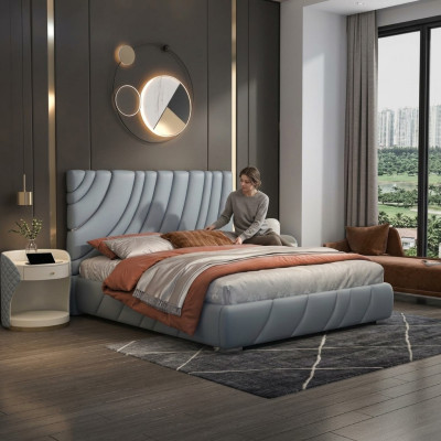 Grijze kunstlederen tweepersoonsbed Moderne roestvrijstalen bed Luxe houten frame