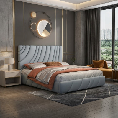 Grijze kunstlederen tweepersoonsbed Moderne roestvrijstalen bed Luxe houten frame