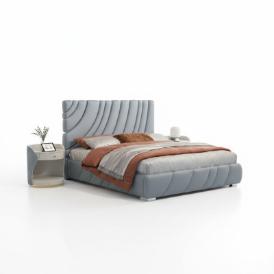 Grijze kunstlederen tweepersoonsbed Moderne roestvrijstalen bed Luxe houten frame