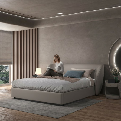 Grijze design slaapkamer tweepersoonsbed textiel bedden houten leren bedden